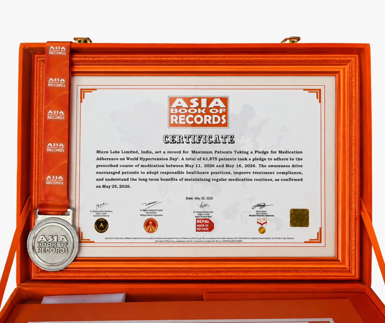 Asia Book of Records certificate and medal presented to Micro Labs Limited